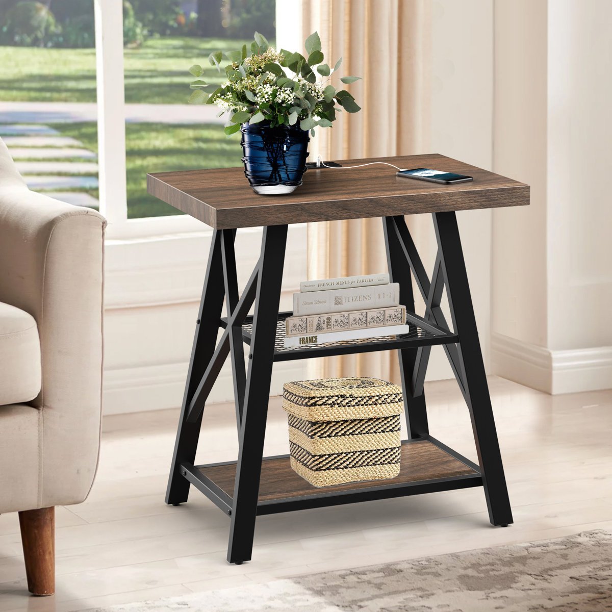 Stokesvale Tall End Table Nightstand with 2 USB Ports, 2 Power Outlets, and 2 Storage Shelves (New open box)
