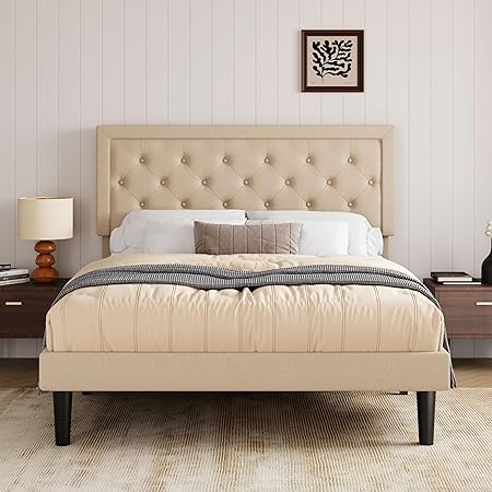 Allewie Queen Size Button Tufted Platform Bed (Beige) ( New, Open Box)