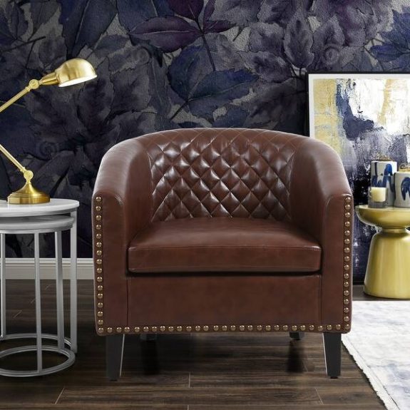 Wide Tufted Leather Barrel Club Chair ( New, Open Box)