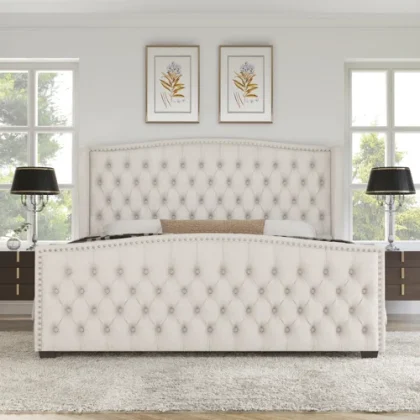 Queen Size Platform Bed Frame, ( Beige) ( New, Open Box)