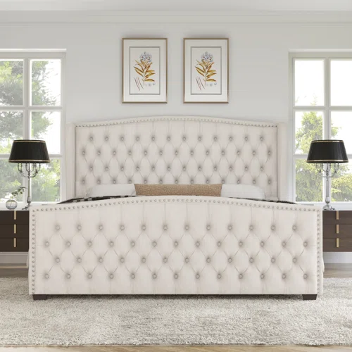 Queen Size Platform Bed Frame, ( Beige) ( New, Open Box)