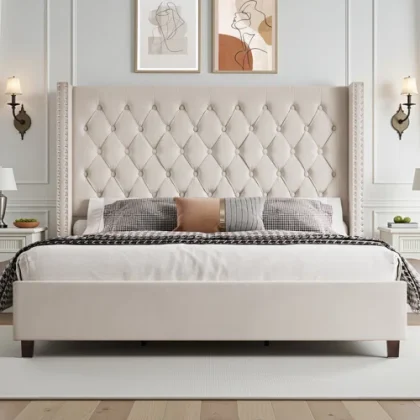 Duluth Upholstered  Qween Bed (Beige) (New, Open Box)