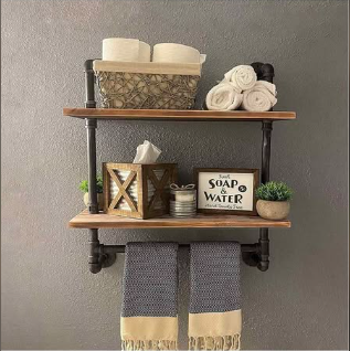 2 Tier Rustic Pipe Shelf, 24 inch Towel Racks for Bathroom, Wall Mounted Shelf with Towel Bar ( New, Open Box)