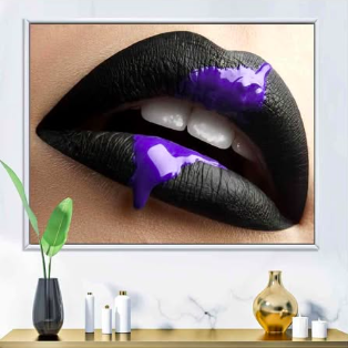 DesignQ Female Lips with Black Lipstick & Purple Paint - Modern Framed Canvas Wall Art Print (New)