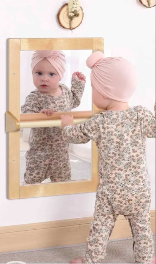 Mirror baby wall, baby pull up bar, montessori 3-in-1 shatterproof mirror, wooden pull up bar ( New)