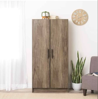 Prepac Elite 2 Door Standing Storage Cabinet, 16" D x 32" W x 65" H, Drifted Gray ( New, Open Box)