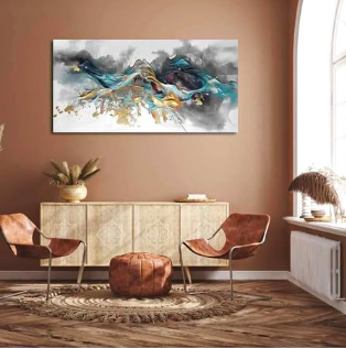 lue Abstract Wall Art - 75x150 CM Navy Blue and Gold Graffiti Painting on Canvas for Living Room (New, Open Box)
